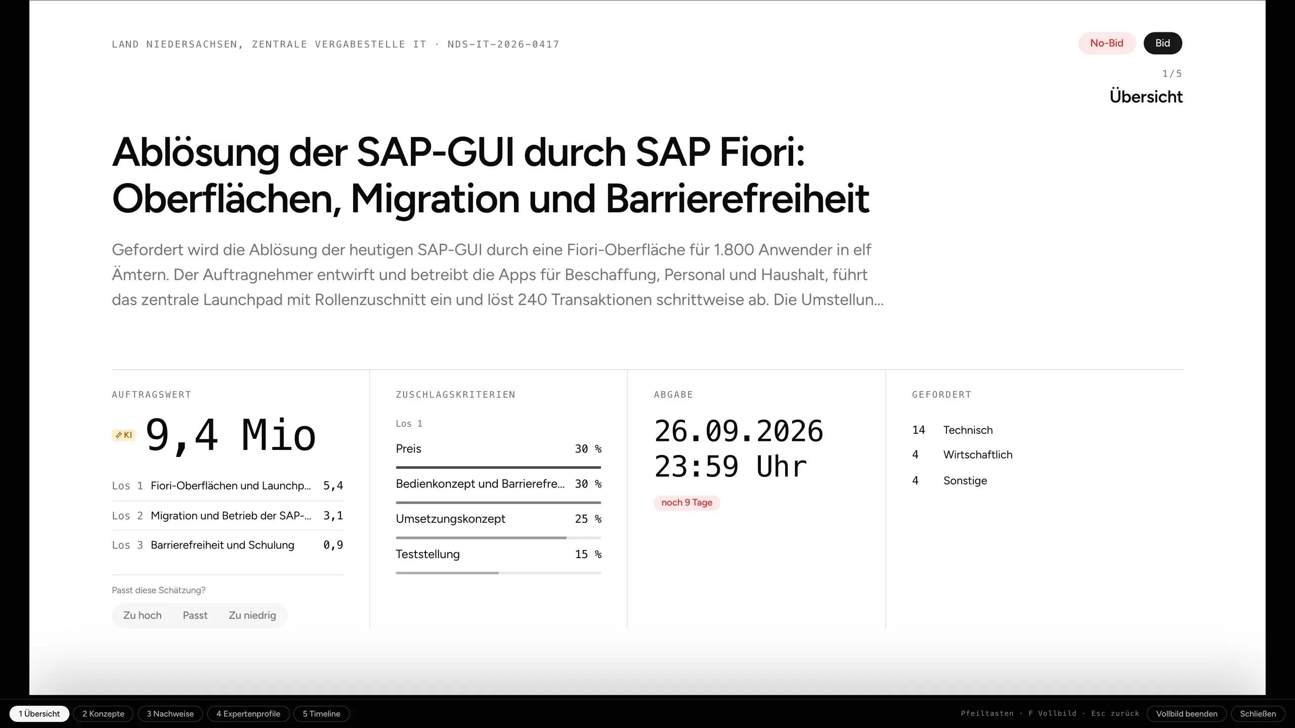 Folie 1, Übersicht: Auftragswert 9,4 Mio. €, Zuschlagskriterien, Frist, 22 Anforderungen