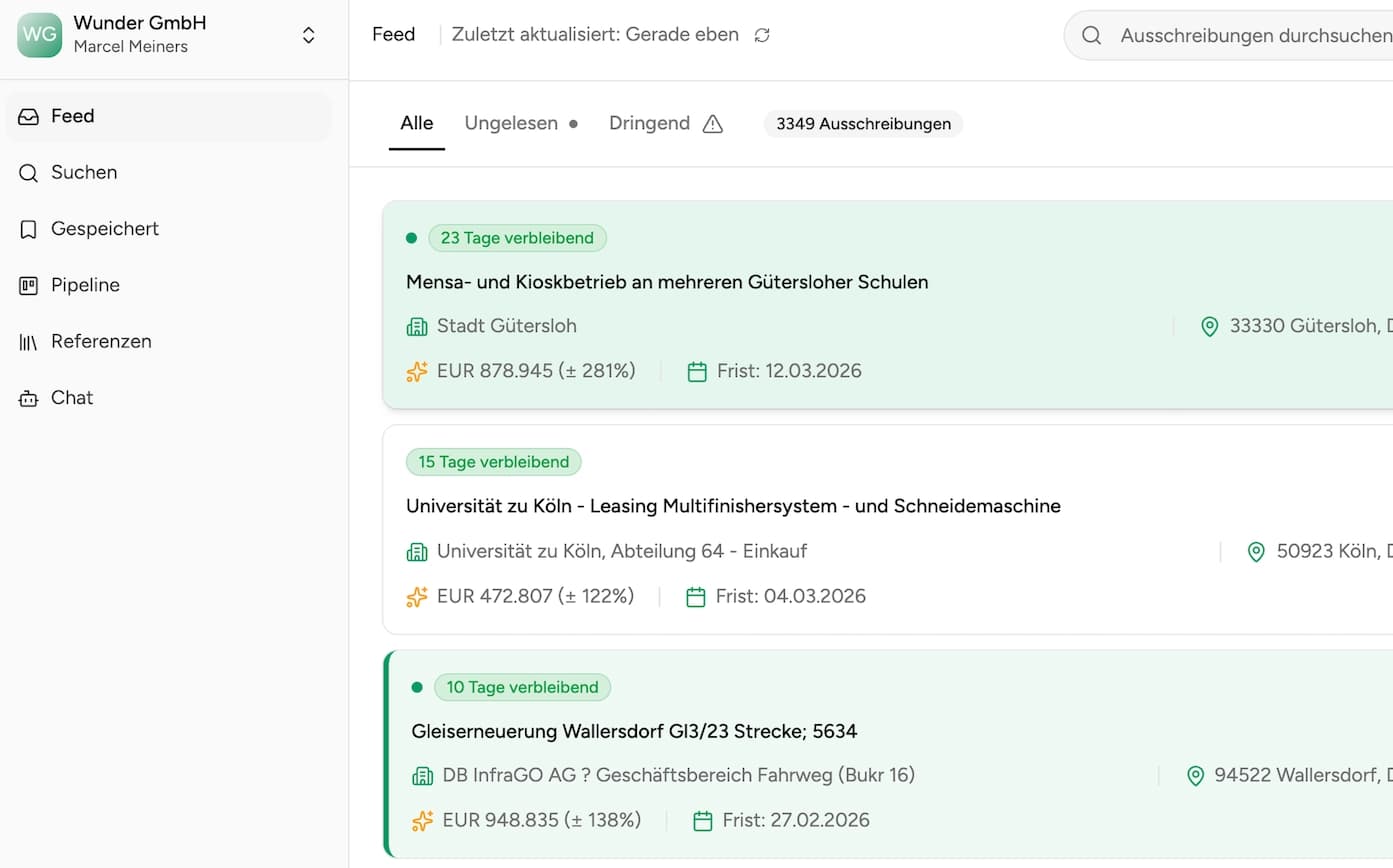 procuris dashboard showing tender management interface with AI-powered search and team profiles