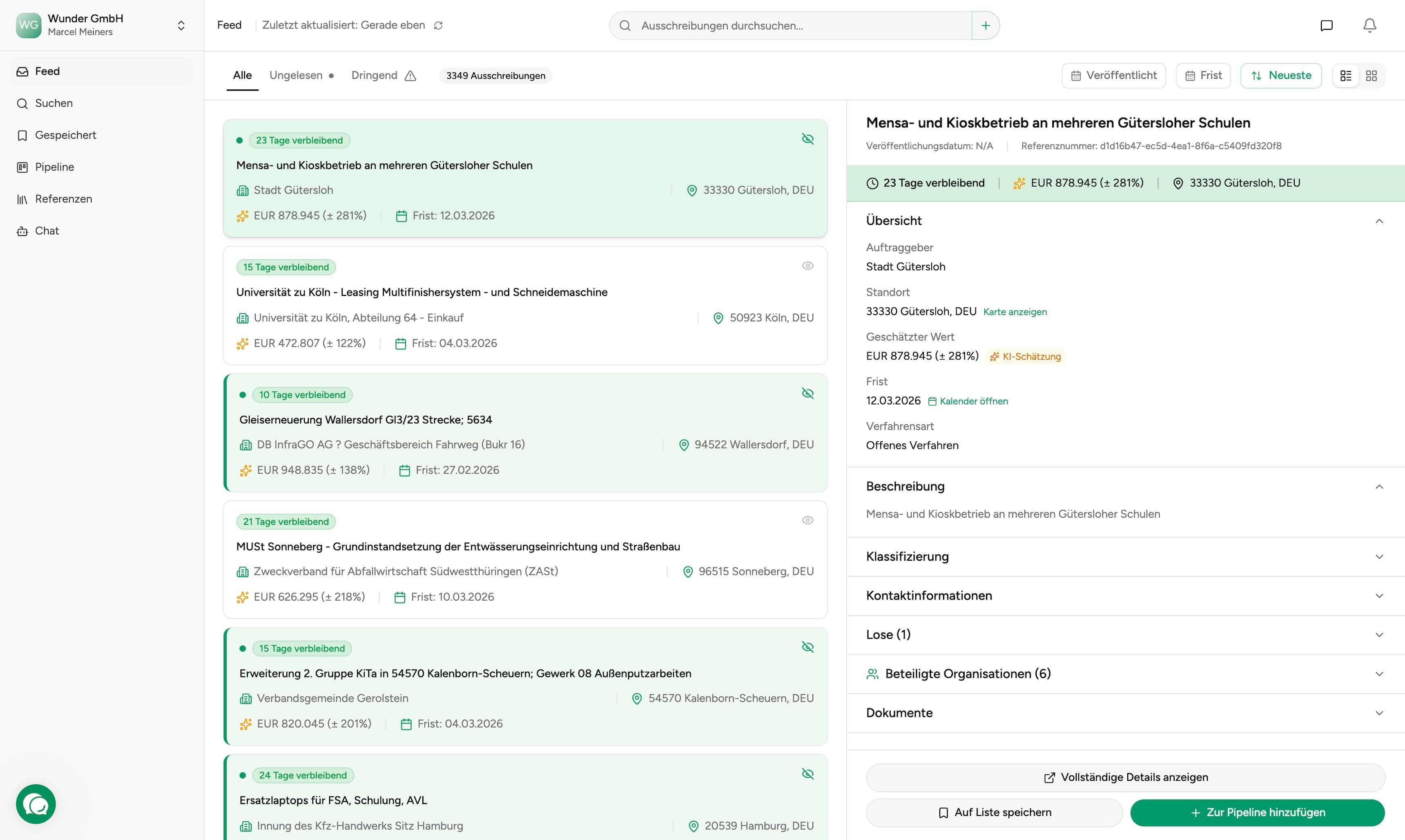 procuris dashboard showing tender management interface with AI-powered search and team profiles