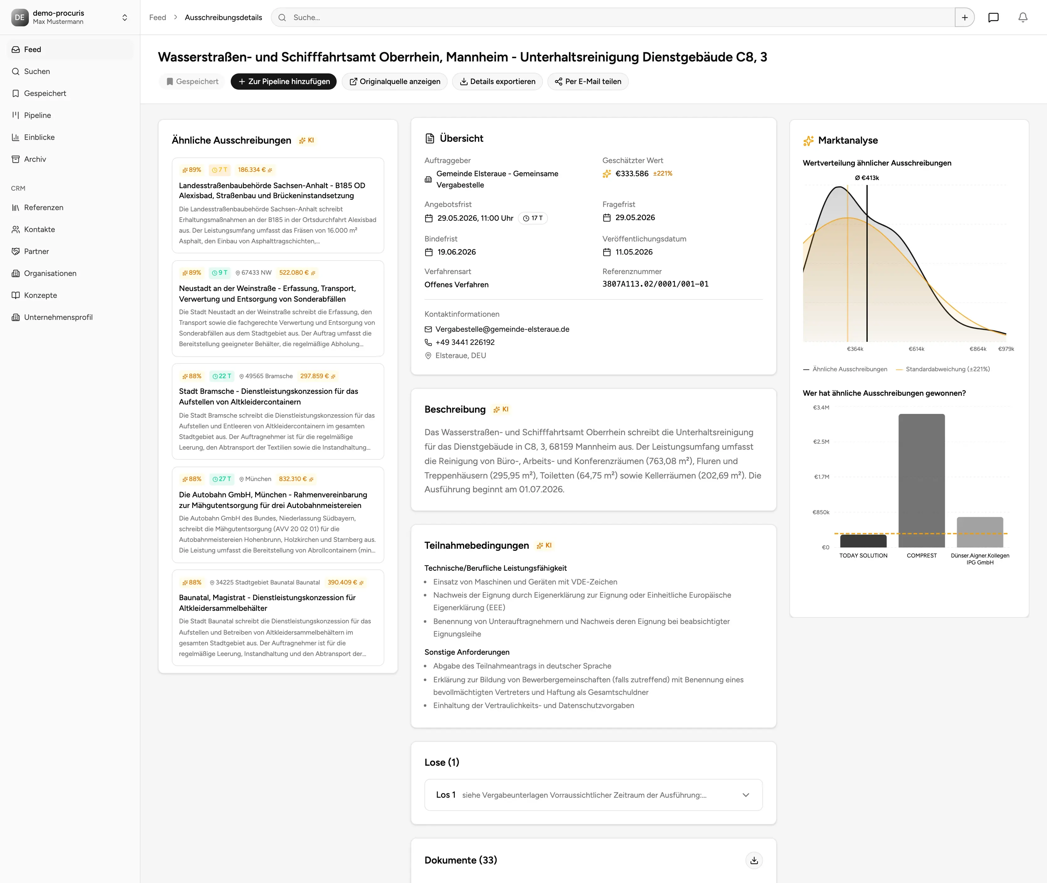 KI-Suche, CRM und Pipeline für öffentliche Ausschreibungen