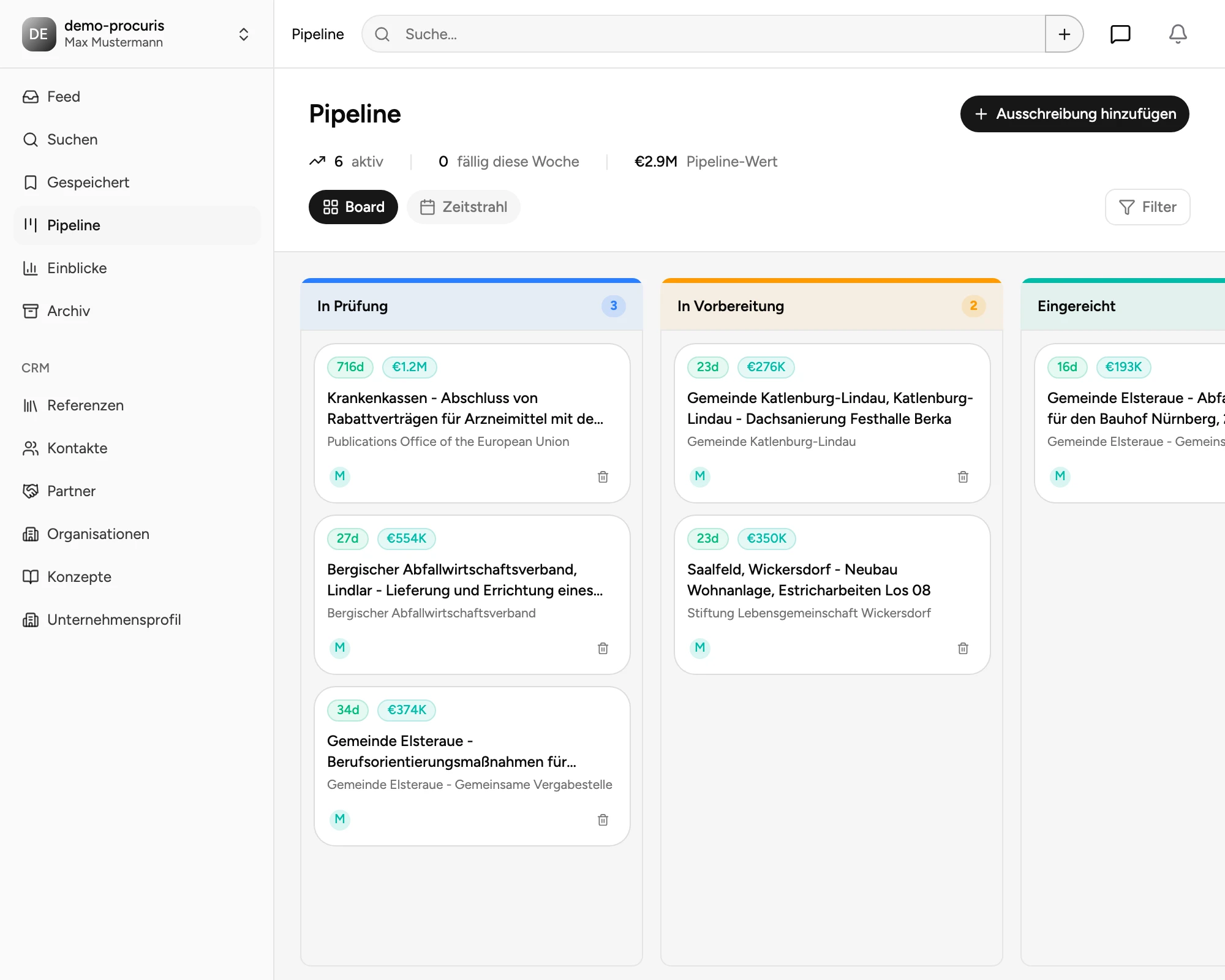 procuris Vergabe-Pipeline mit Kanban-Board, Kalender- und Timeline-Ansicht sowie Aufgabenverteilung im Team